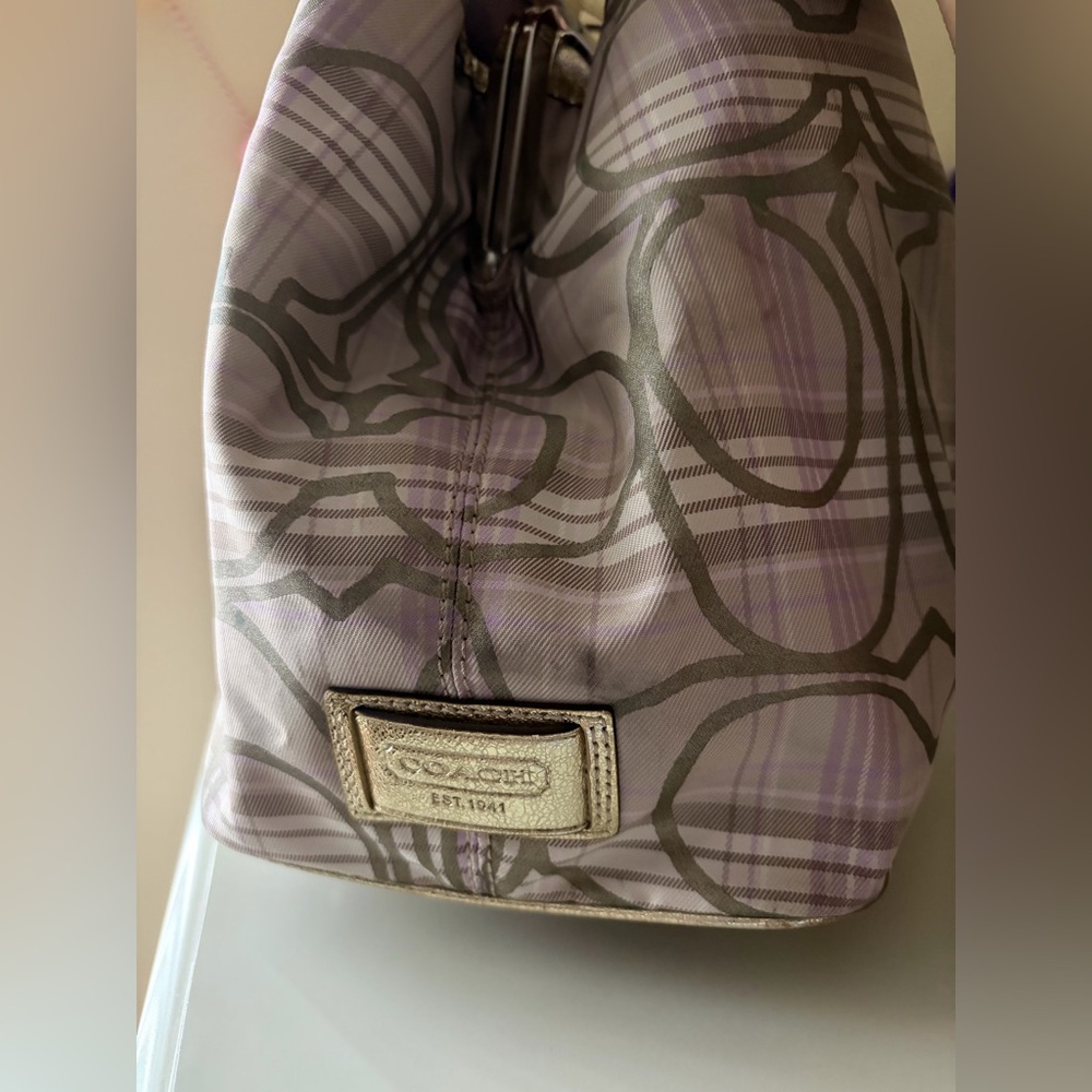 💜 Coach Lavender & Champagne Signature Striped Tartan Plaid Carryall 💜 - Picture 5 of 8